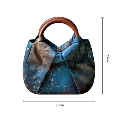 Buddha Stones Handmade Jacquard Flower Blue Wooden Handle Handbag Handbags BS 8