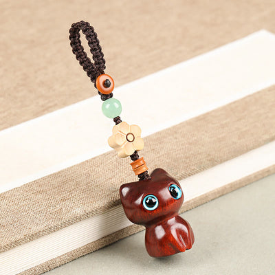 Foviel Mini Small Leaf Red Sandalwood Ebony Wood Lucky Cat Lovely Kitty Peace Key Chain Phone Hanging Decoration
