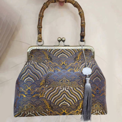 Buddha Stones Silver Lines Bamboo Handle Metal Chain Crossbody Bag Handbags Crossbody Bag&Handbags BS Yellow 26*7*20cm