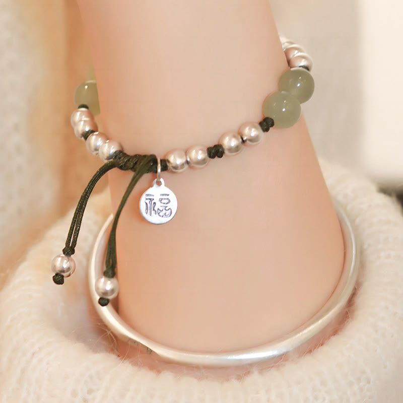 Buddha Stones 925 Sterling Silver Natural Jade Fu Character Bamboo Abundance Bracelet Bracelet BS 4