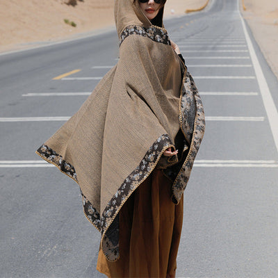 Buddha Stones Tibetan Shawl Border Small Floral Flower Hooded Cloak Winter Cozy Travel Scarf Wrap Tibetan Shawl BS Brown 150*130cm