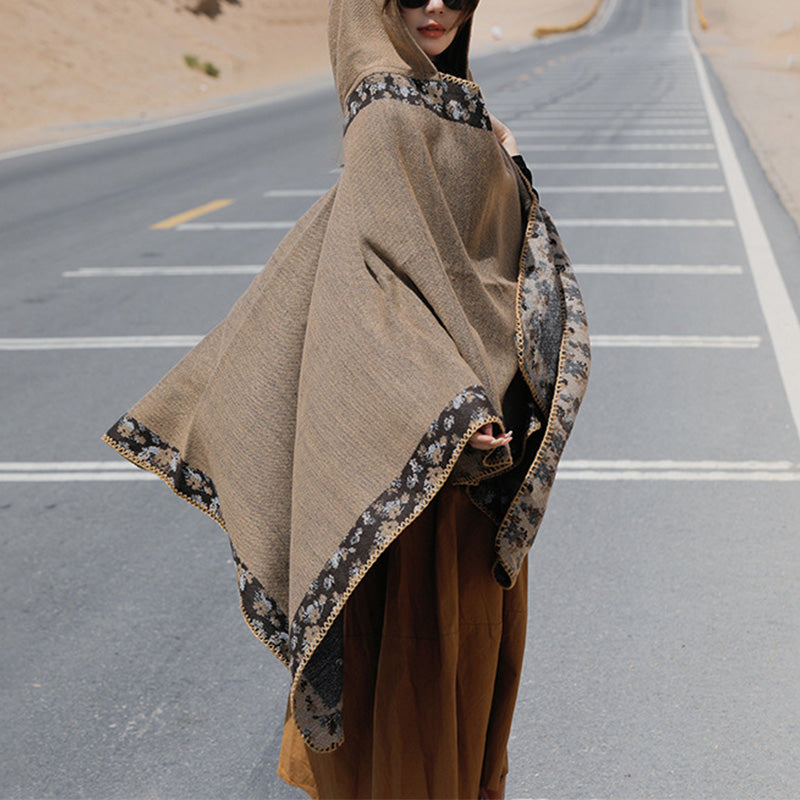 Buddha Stones Tibetan Shawl Border Small Floral Flower Hooded Cloak Winter Cozy Travel Scarf Wrap Tibetan Shawl BS Brown 150*130cm