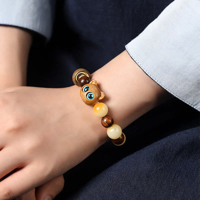 Buddha Stones Natural Bodhi Seed Sandalwood Lucky Cute Cat Head Paw Claw Peace Bracelet Bracelet BS 7