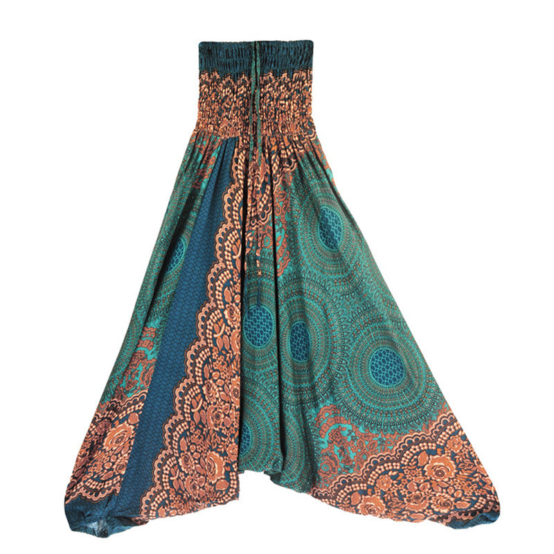 Buddha Stones Two Style Wear Round Geometric Pattern Loose Smocked Harem Trousers Jumpsuit High Waist Women's Yoga Pants Harem Pants&Bodysuit BS Green(Waist 60-100cm)