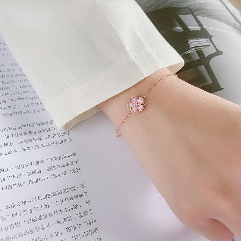 Buddha Stones 925 Sterling Silver Cherry Blossom Blessing Chain Bracelet Rotatable Ring Bracelet BS 10