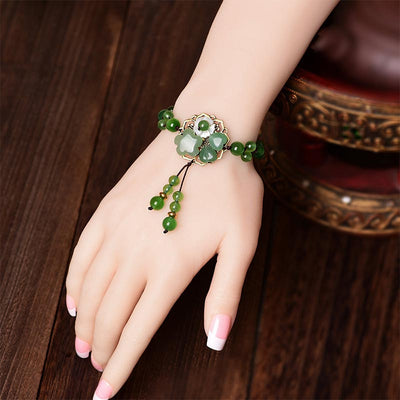 Buddha Stones Natural Green Jade Luck Dangling Flower Bracelet Bracelet BS 13