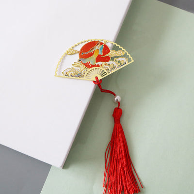 Buddha Stones Traditional Butterfly Lotus Flower Crane Dragon Phoenix Fox Koi Fish New Beginning Metal Brass Hollow Fan Bookmarks Bookmarks BS Red Sun Fairy