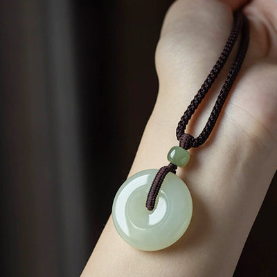 Buddha Stones Natural Round Jade Peace Buckle Luck Prosperity Necklace Pendant Necklaces & Pendants BS 17