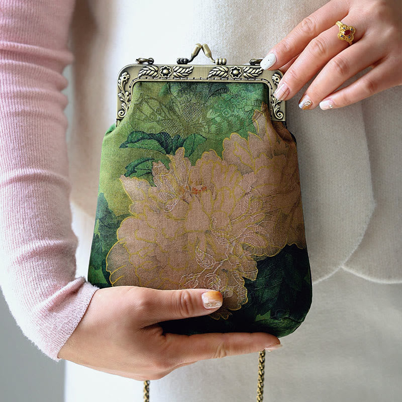 Buddha Stones Small Green Peony Butterfly Metal Chain Crossbody Bag Shoulder Bag Cellphone Bag Crossbody Bag BS 6