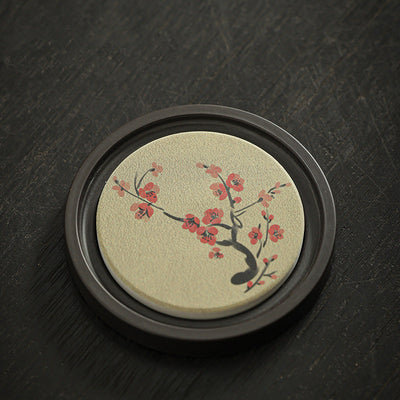 Buddha Stones Plum Blossom Peach Heart Sutra Loquat Magnolia Persimmon Ceramic Cup Mat Pad Coaster Kung Fu Tea Mat Cup Mat BS Plum Blossom 7.9*1cm