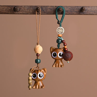 Buddha Stones Green Sandalwood Lucky Cat Koi Fish Cure Key Chain Phone Hanging Decoration Key Chain BS 1