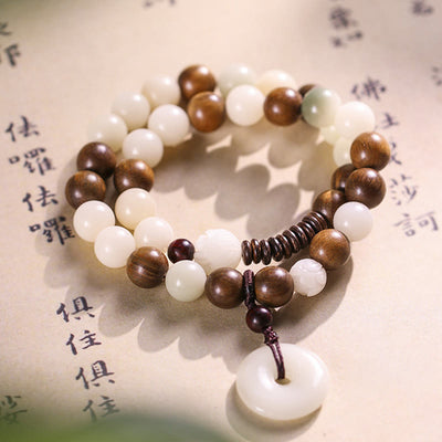 Buddha Stones Bodhi Seed Green Sandalwood Lotus Peace Buckle Harmony Double Wrap Bracelet Bracelet BS 4