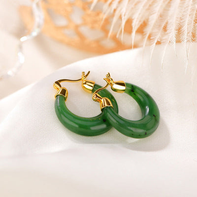 Buddha Stones 925 Sterling Silver Plated Gold Natural Round Hetian Cyan Jade Luck Drop Earrings Earrings BS 1