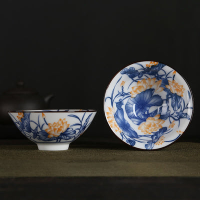 Buddha Stones Flowers Fu Character Mountains Lotus Cherry Blossoms Ceramic Teacup Kung Fu Tea Cup Cup BS Orange Lotus Blue Leaves 8.5cm*4cm*90ml