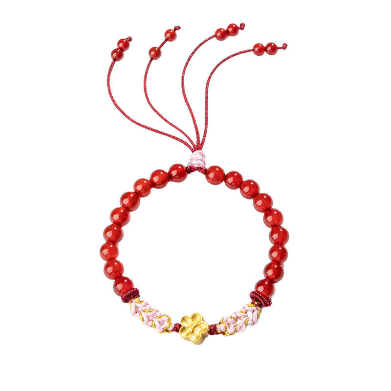 Buddha Stones 999 Sterling Silver Natural Red Agate Pink Crystal Cherry blossom Bracelet Bracelet BS 13