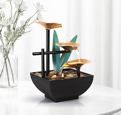 Buddha Stones Three Layers Waterfall Fountain Tabletop Lotus Ornaments With River Rocks Desktop Decoration Decorations BS Gold AU Standard