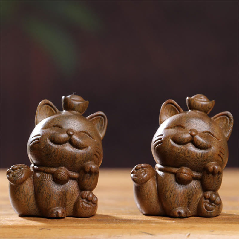 Buddha Stones Mini Green Sandalwood Ingot Lucky Cat Carved Peace Desk Decorations Decorations BS 15