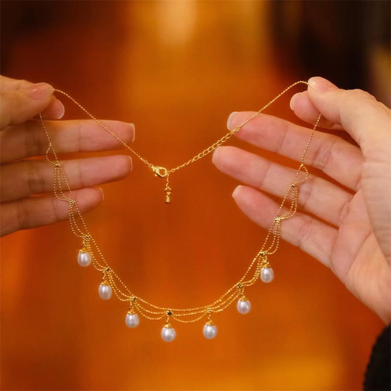 Buddha Stones Vintage 14K Gold Plated Pearl Bead Healing Multilayer Necklace Pendant Necklaces & Pendants BS 4