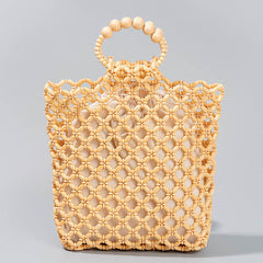 Buddha Stones Hand-woven Fishing Line Braiding Mesh Hollow Wooden Beads Handbag Handbags BS Yellow 30*10*27cm