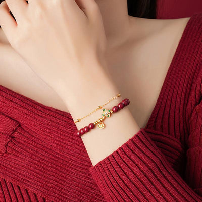 Buddha Stones 925 Sterling Silver Natural Cinnabar Four Leaf Clover Flower Blessing Chain Bracelet Bracelet BS 6