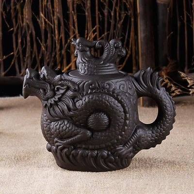 Buddha Stones Vintage Dragon Phoenix Ceramic Teapot Teapot BS Black