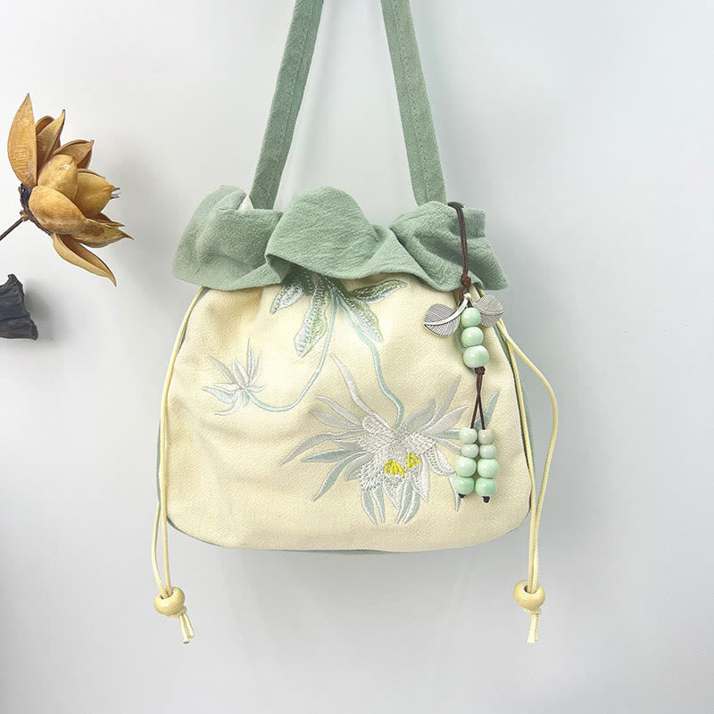 Buddha Stones Suzhou Embroidery Lotus Epiphyllum Magnolia Cotton Linen Tote Crossbody Bag Shoulder Bag Handbag Crossbody Bag BS 13