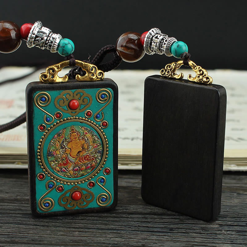 Buddha Stones Tibet God Of Wealth Money Tree Golden Phoenix Thangka Ebony Peace Necklace Pendant Necklaces & Pendants BS 2