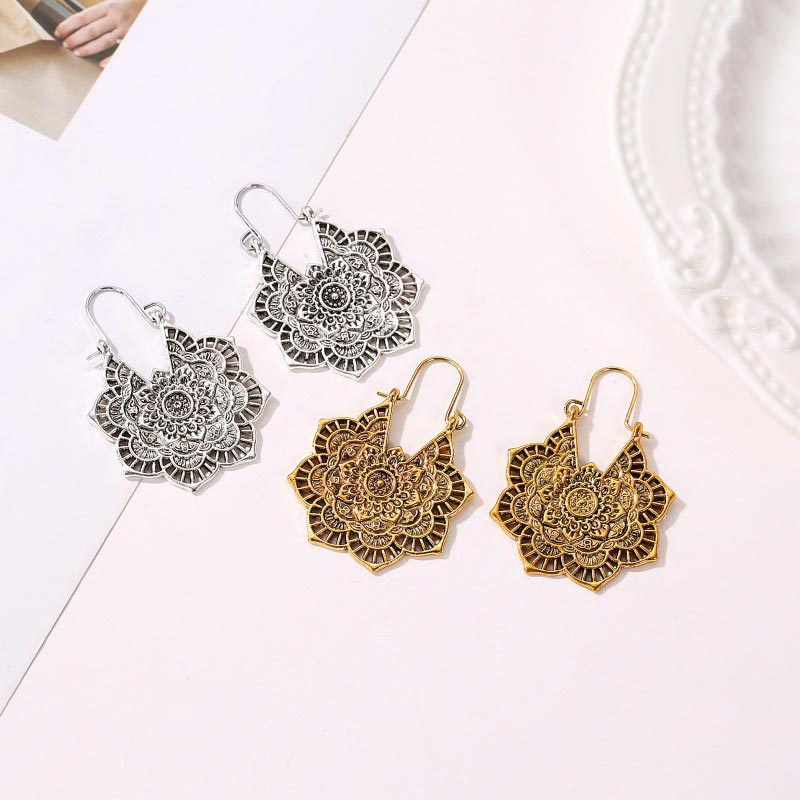 Buddha Stones Tibetan Lotus Engraving Copper Blessing Drop Earrings Earrings BS 7