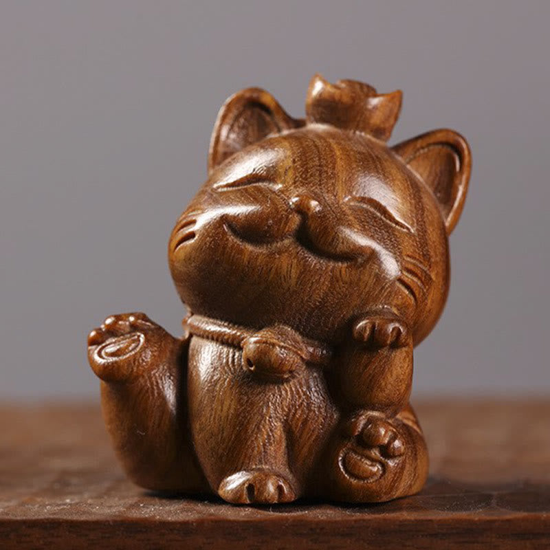 Buddha Stones Mini Green Sandalwood Ingot Lucky Cat Carved Peace Desk Decorations Decorations BS 2