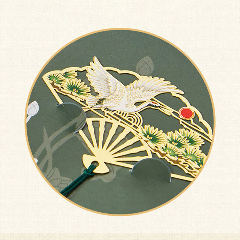 Buddha Stones Traditional Butterfly Lotus Flower Crane Dragon Phoenix Fox Koi Fish New Beginning Metal Brass Hollow Fan Bookmarks Bookmarks BS 8