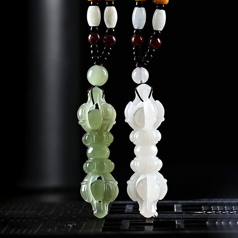 Buddha Stones Tibetan Natural Hetian Cyan Jade White Jade Dorje Vajra Engraved Success Necklace Pendant Necklaces & Pendants BS 1