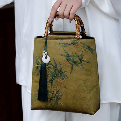 Buddha Stones Bamboo Leaves Butterfly Koi Fish Bamboo Handles Handbag Handbags BS Yellow-Green Bamboo 23*25*8.5cm
