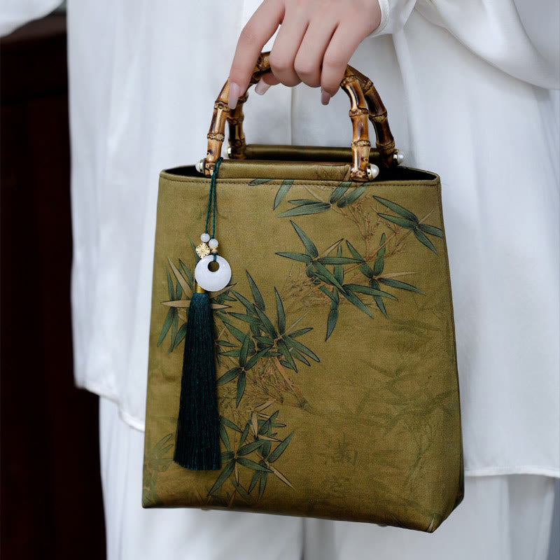 Buddha Stones Bamboo Leaves Butterfly Koi Fish Bamboo Handles Handbag Handbags BS Yellow-Green Bamboo 23*25*8.5cm