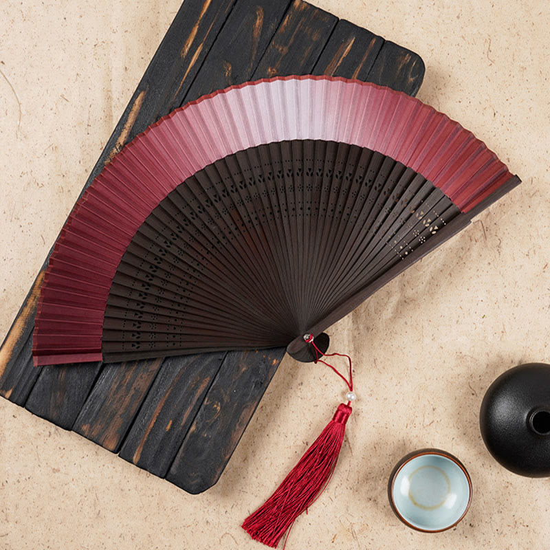 Buddha Stones Solid Color Gradient Hollow Engraved Handheld Bamboo Folding Fan Folding Fan BS Red Gradient 21.5cm