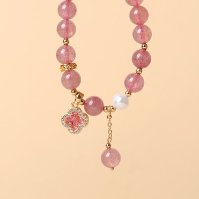 Foviel Strawberry Quartz Pearl Four Leaf Clover Charm Healing Bracelet