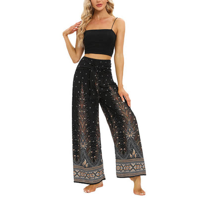Buddha Stones Boho Peacock Feathers Lace-up Wide Leg Pants Women's Yoga Pants Women's Wide Leg Pants BS 6