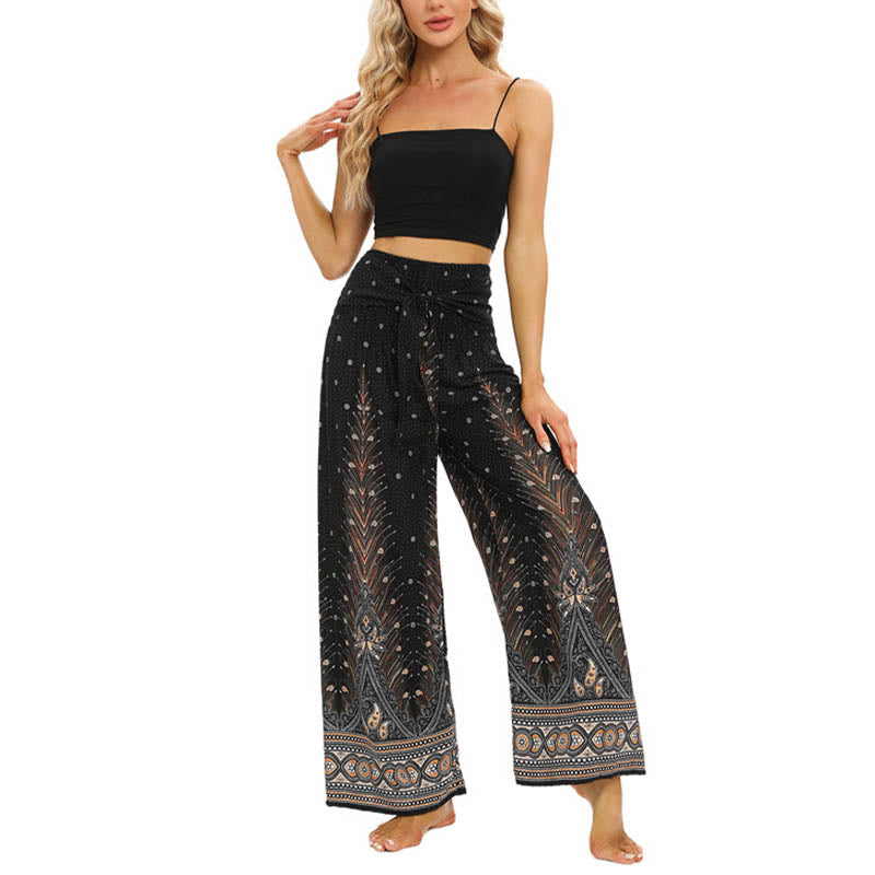 Buddha Stones Boho Peacock Feathers Lace-up Wide Leg Pants Women's Yoga Pants Women's Wide Leg Pants BS 6
