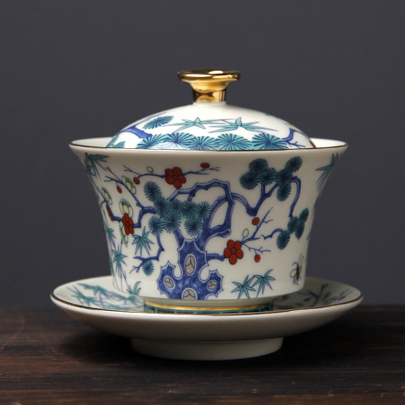 Buddha Stones Retro Plum Blossom Pine Bamboo Phoenix Kirin Ceramic Gaiwan Sancai Teacup Kung Fu Tea Cup and Saucer with Lid Cup BS Plum Blossom Pine Bamboo(10cm*9.7cm*190ml)
