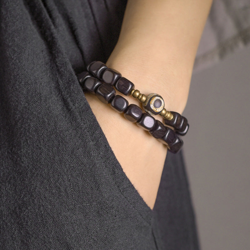 Buddha Stones Ebony Wood Dzi Bead Copper Peace Couple Bracelet Bracelet BS 3