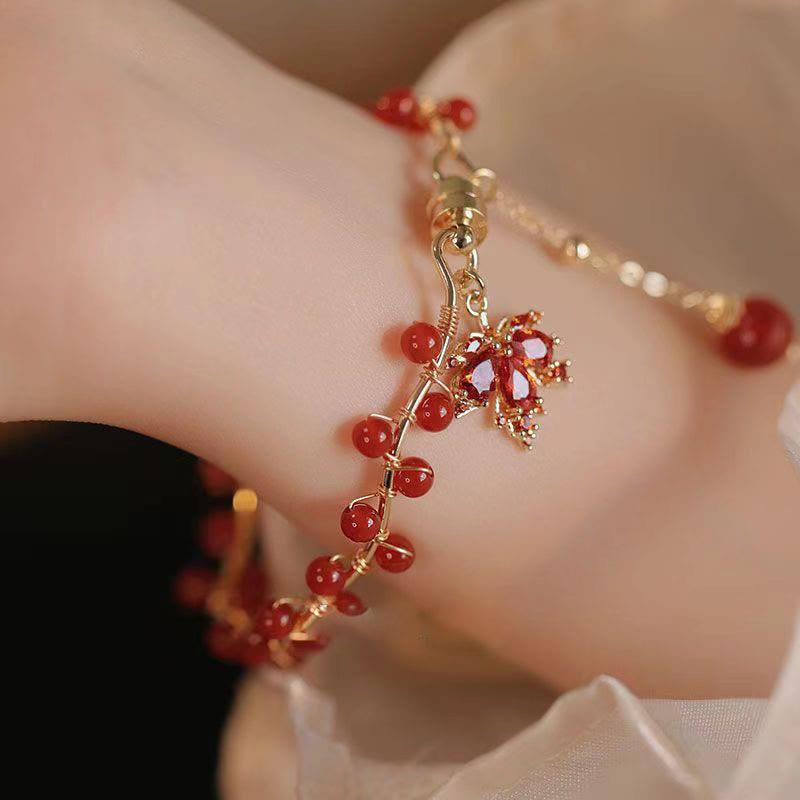 Buddha Stones Red Maple Leaf Luck Charm Bracelet Bracelet BS 11