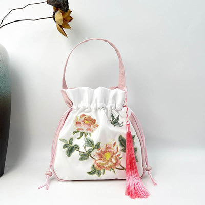 Buddha Stones Embroidered Osmanthus Peony Grape Cat Cotton Linen Tote Crossbody Bag Shoulder Bag Handbag Crossbody Bag BS Light Pink Peony 20*20*7cm