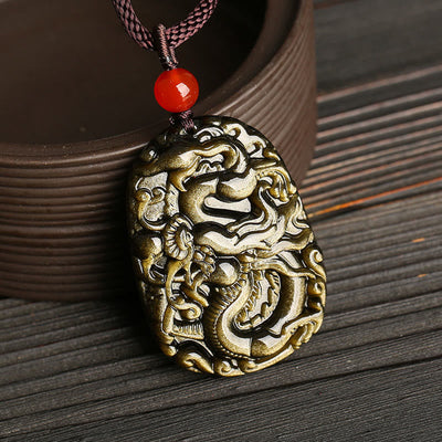 Buddha Stones Gold Sheen Obsidian Dragon Pattern Success Necklace Pendant Necklaces & Pendants BS 1
