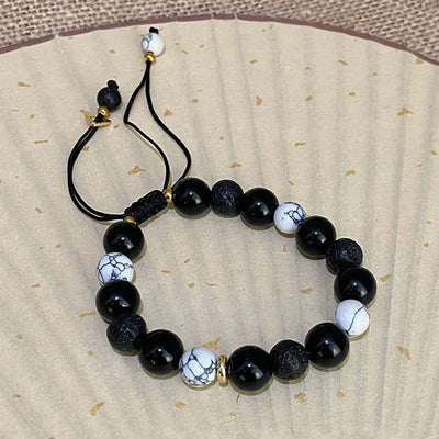 Foviel Black Obsidian Lava Rock Stone Yin Yang Strength Bracelet