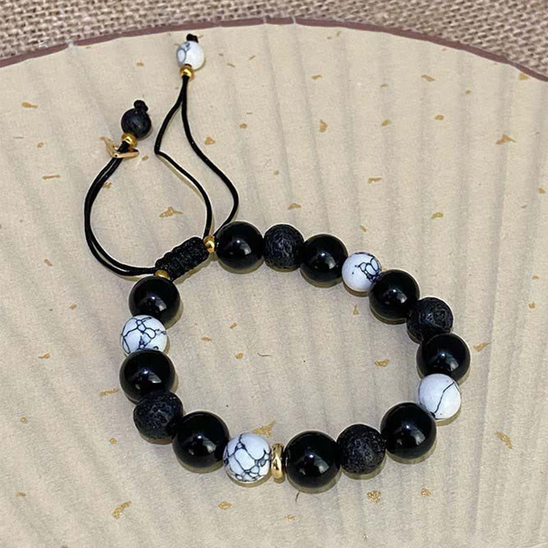 Foviel Black Obsidian Lava Rock Stone Yin Yang Strength Bracelet