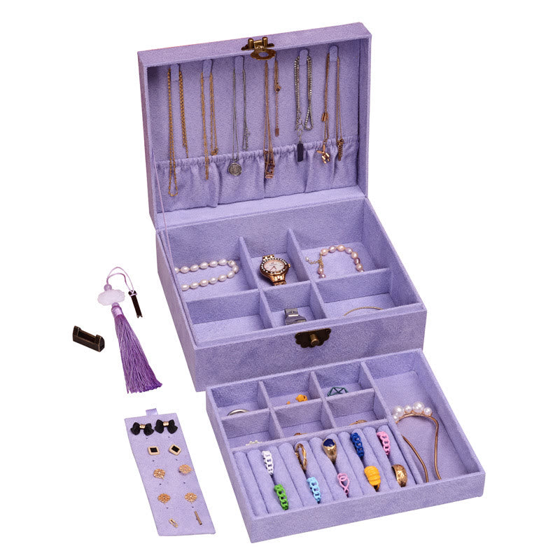 Buddha Stones Simple Design Jewelry Box Organizer Two-Layer Jewelry Storage Box Flannel Box With Lock - Purple23*19*6.5cm - image 22