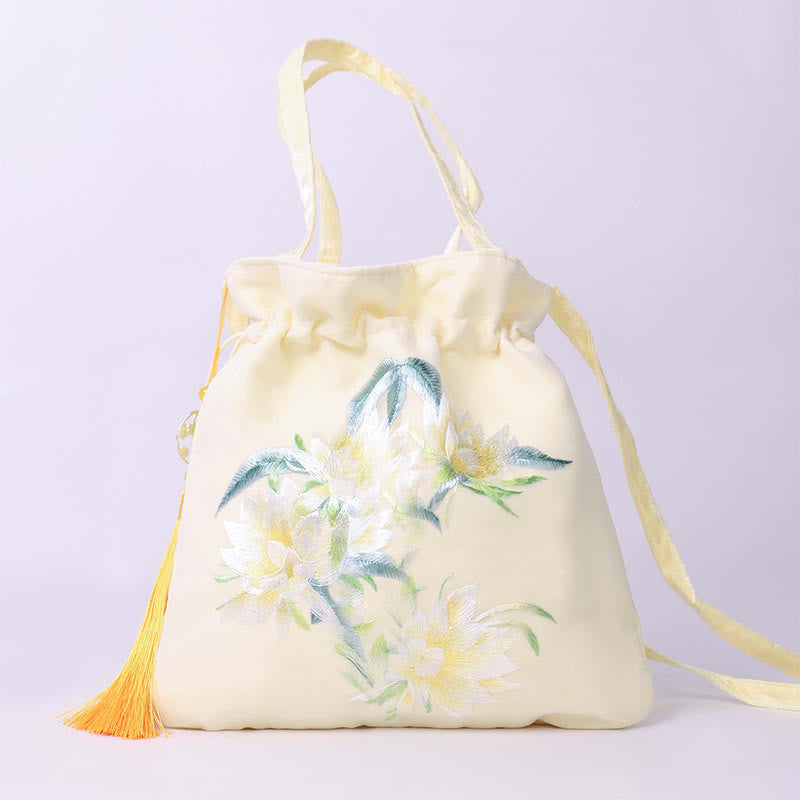 Buddha Stones Lotus Peony Epiphyllum Phoenix Suzhou Embroidery Cotton Linen Tote Crossbody Bag Shoulder Bag Handbag Crossbody Bag BS Yellow Epiphyllum 21*22cm