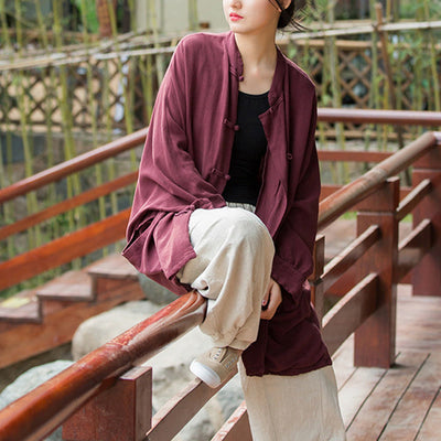 Buddha Stones Frog-Button Long Sleeve Zen Meditation Open Front Jacket With Pockets 13
