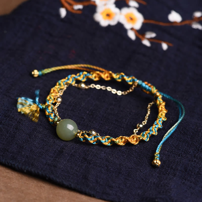 Buddha Stones Handmade Colorful Rope Luck Jade Bead Abundance Double Layer Bracelet Bracelet BS 5