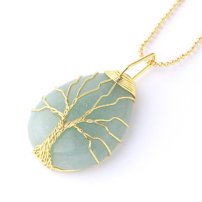Buddha Stones Natural Quartz Crystal Tree Of Life Healing Energy Necklace Pendant Necklaces & Pendants BS Green Aventurine Gold Tree