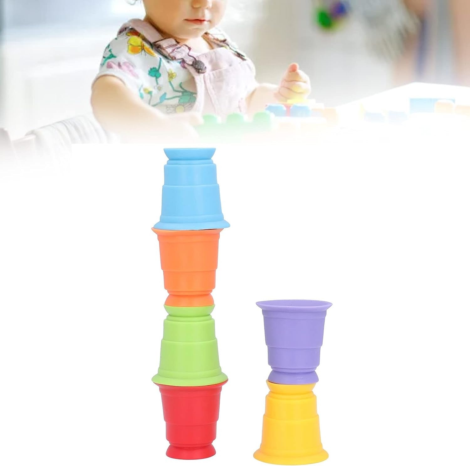 Fidtoy Gobelets empilables souples et colorés en caoutchouc, 6 pièces, jouet de bain pour bébé pour l'apprentissage précoce